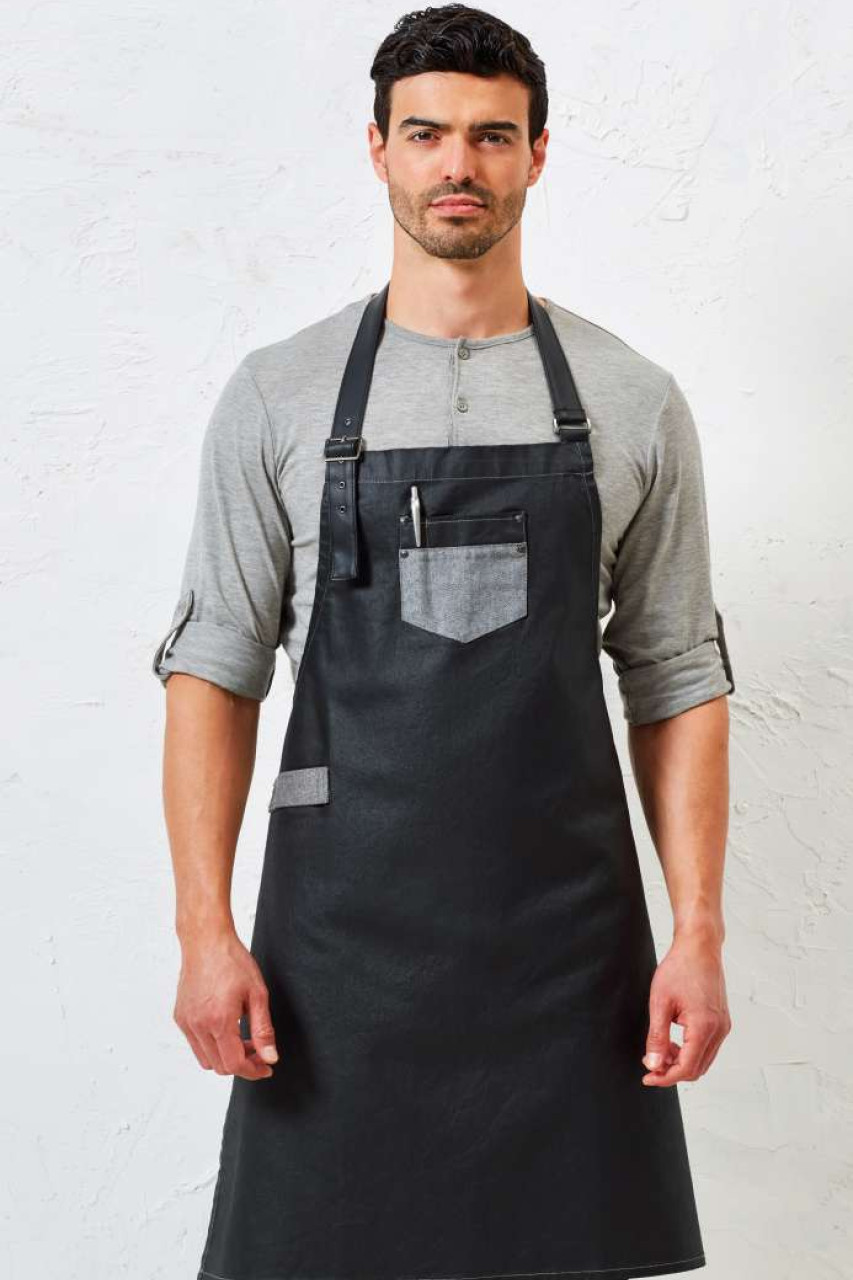 'DIVISION' WAXED LOOK DENIM BIB APRON WITH FAUX LEATHER