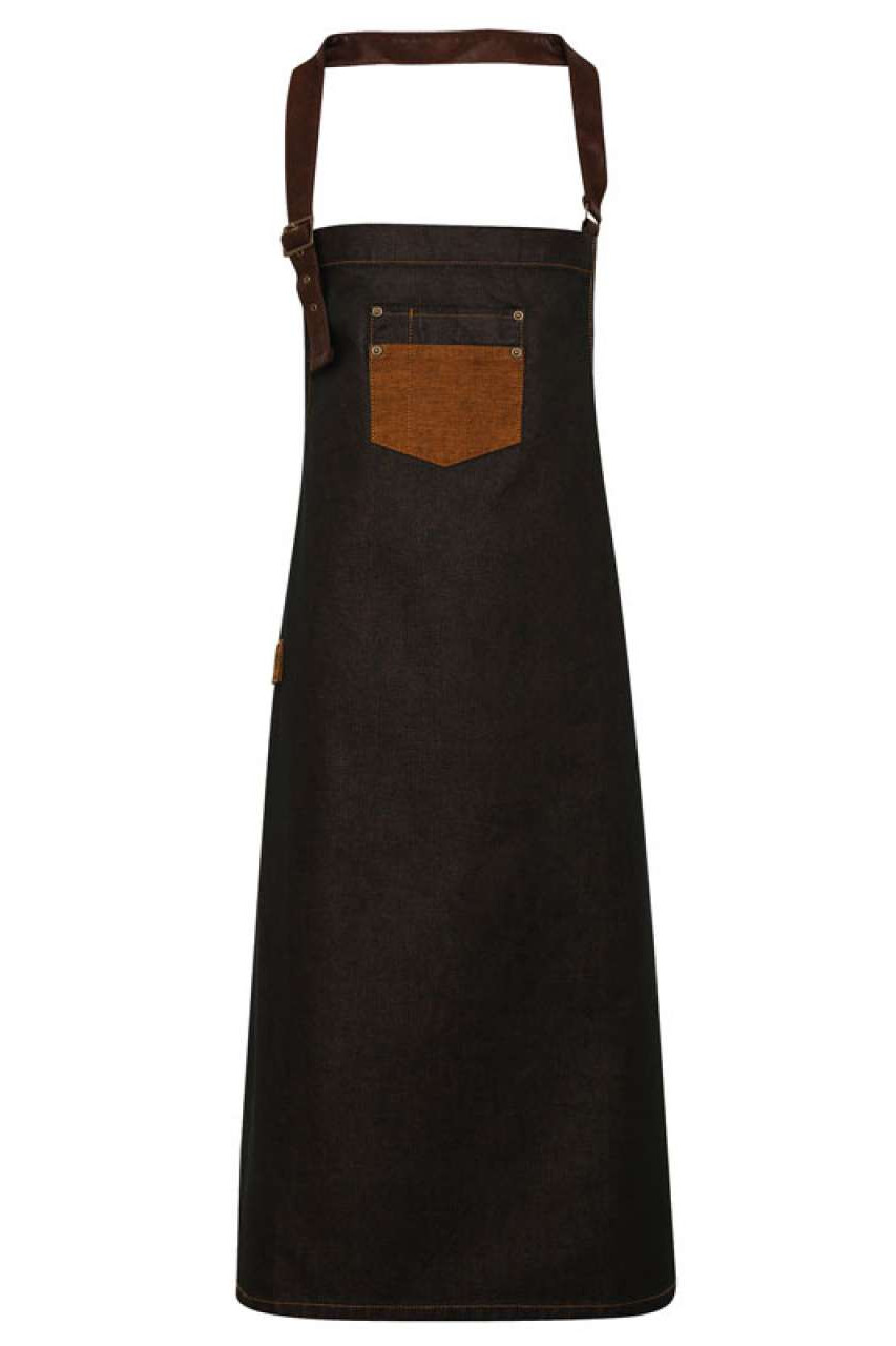 'DIVISION' WAXED LOOK DENIM BIB APRON WITH FAUX LEATHER